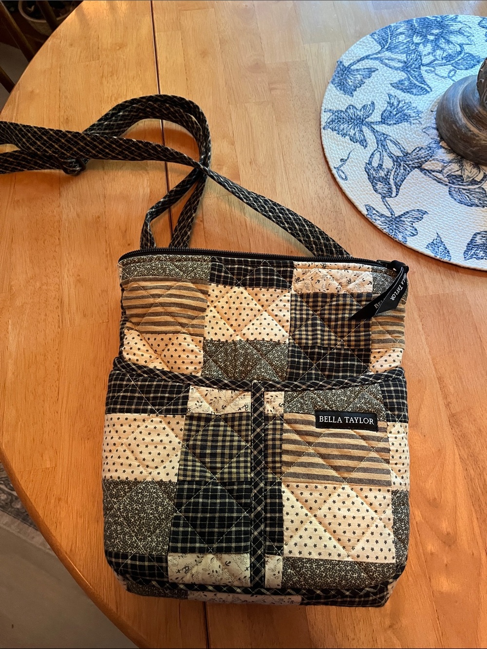 Bella Taylor Quilted Patchwork Crossbody Bag in Black & Tan